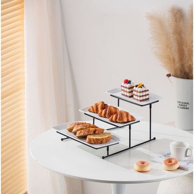 Shallow Elegant Porcelain 3 Tier Rectangle White Plate with Black Stand (Small Plate 27cm, Mid Plate 31cm, Large Plate 35cm)