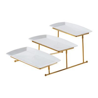 Shallow Elegant Porcelain 3 Tier Rectangle White Plate with Gold Stand (Small Plate 27cm, Mid Plate 31cm, Large Plate 35cm)