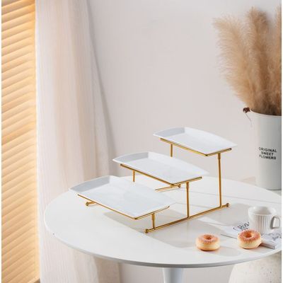 Shallow Elegant Porcelain 3 Tier Rectangle White Plate with Gold Stand (Small Plate 27cm, Mid Plate 31cm, Large Plate 35cm)