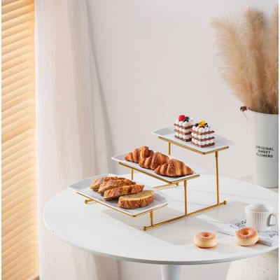 Shallow Elegant Porcelain 3 Tier Rectangle White Plate with Gold Stand (Small Plate 27cm, Mid Plate 31cm, Large Plate 35cm)