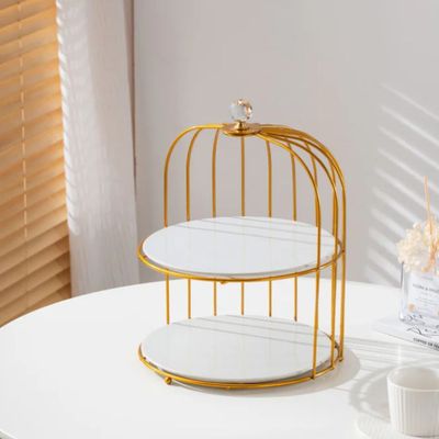 Shallow Elegant 2 Tier Porcelain 26cm Cake Plate with Luxurious Gold Stand