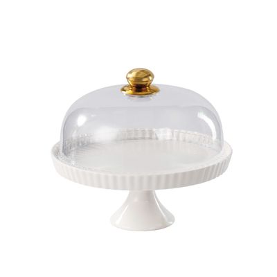 Shallow Elegant Porcelain 27cm White Cake Plate with Plastic Lid