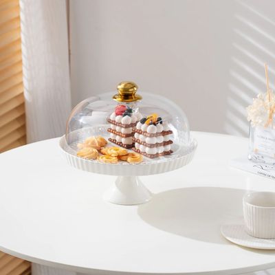 Shallow Elegant Porcelain 27cm White Cake Plate with Plastic Lid