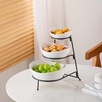 Shallow Porcelain 3-Tier Serving White Bowl Set with Sleek Black Stand (Small Bowl 13CM, Mid Bowl 16CM, Large Bowl 19CM)