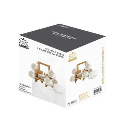 Shallow Elegant Porcelain Bamboo 6 Cup & 6 Saucer Set with Stand, 180ml