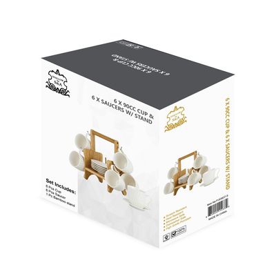 Shallow Elegant Porcelain Bamboo 6 Cup & 6 Saucer Set with Stand, 90ml