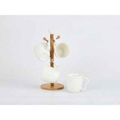 Shallow Elegant Porcelain Bamboo 4 Mug Set with Stand, 300ml