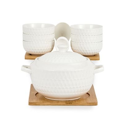 Shallow Porcelain Bamboo 1 Soup Pot, 1 Soup Spoon, 6 Bowls & 6 Spoons with Stand, White & Brown