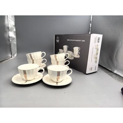 Shallow Porcelain Amara Tea Cup & Saucer Set, 220ml (6 Cups, 6 Saucer, White)