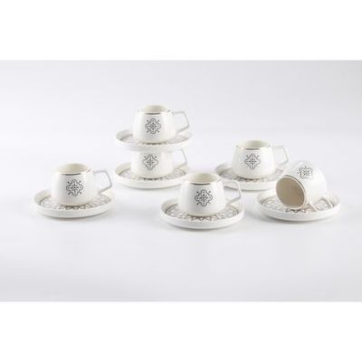 Shallow New Bone China Huma Coffee Cup & Saucer Set, 100ml (White, 6 Cups, 6 Saucer) 
