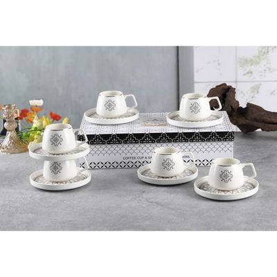 Shallow New Bone China Huma Coffee Cup & Saucer Set, 100ml (White, 6 Cups, 6 Saucer) 