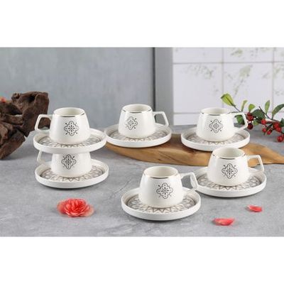 Shallow New Bone China Huma Coffee Cup & Saucer Set, 100ml (White, 6 Cups, 6 Saucer) 