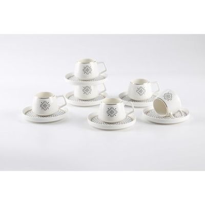 Shallow New Bone China Mona Coffee Cup & Saucer Set, 100ml (White, 6 Cups, 6 Saucer) 