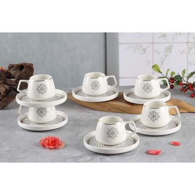 Shallow New Bone China Mona Coffee Cup & Saucer Set, 100ml (White, 6 Cups, 6 Saucer) 
