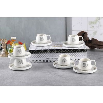 Shallow New Bone China Mona Coffee Cup & Saucer Set, 100ml (White, 6 Cups, 6 Saucer) 