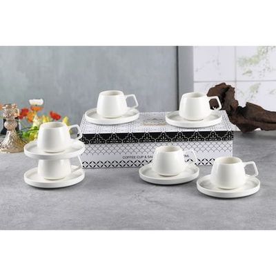 Shallow New Bone China EMA Coffee Cup & Saucer Set, 100ml (White, 6 Cups, 6 Saucer) 