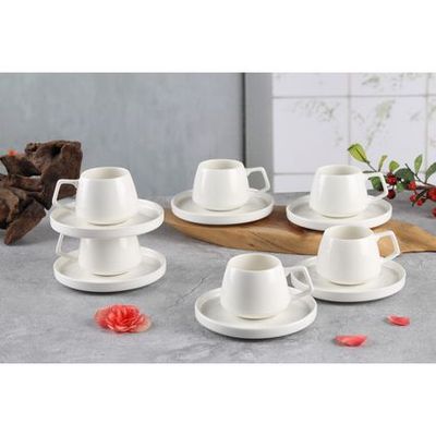 Shallow New Bone China EMA Coffee Cup & Saucer Set, 100ml (White, 6 Cups, 6 Saucer) 