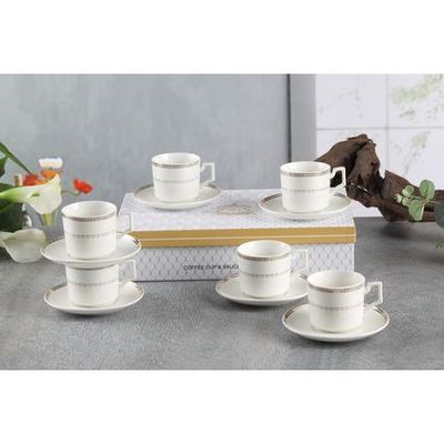 Shallow New Bone China Rosa Coffee Cup & Saucer Set, 90ml (White, 6 Cups, 6 Saucer) 