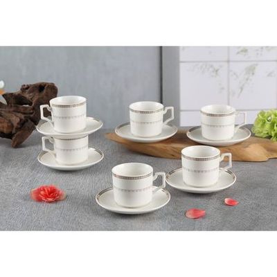 Shallow New Bone China Rosa Coffee Cup & Saucer Set, 90ml (White, 6 Cups, 6 Saucer) 
