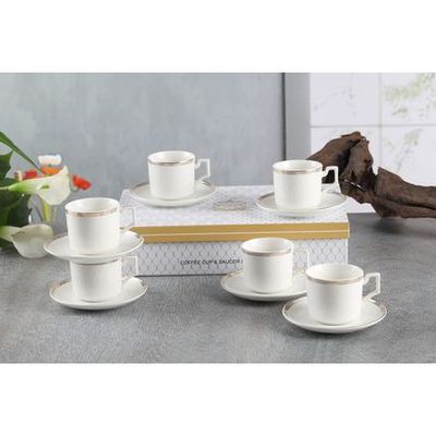 Shallow New Bone China Lara Coffee Cup & Saucer Set, 90ml (White, 6 Cups, 6 Saucer) 