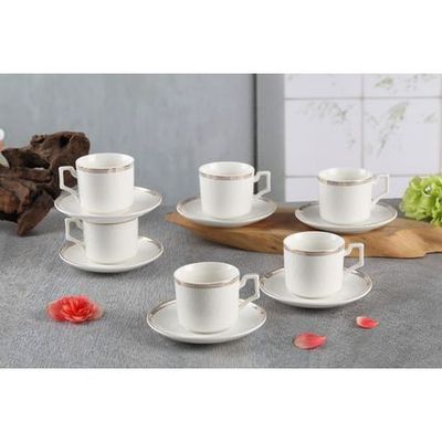 Shallow New Bone China Lara Coffee Cup & Saucer Set, 90ml (White, 6 Cups, 6 Saucer) 