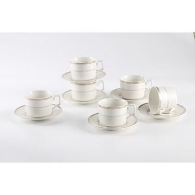Shallow New Bone China Rosa Tea Cup & Saucer Set, 220ml (White, 6 Cups, 6 Saucer) 