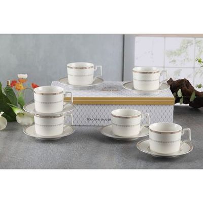 Shallow New Bone China Rosa Tea Cup & Saucer Set, 220ml (White, 6 Cups, 6 Saucer) 