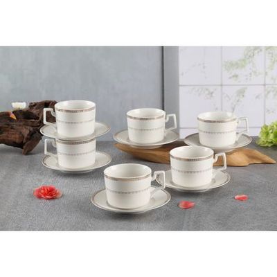 Shallow New Bone China Rosa Tea Cup & Saucer Set, 220ml (White, 6 Cups, 6 Saucer) 