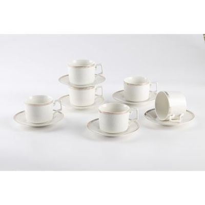 Shallow New Bone China Lara Tea Cup & Saucer Set, 220ml (White, 6 Cups, 6 Saucer) 