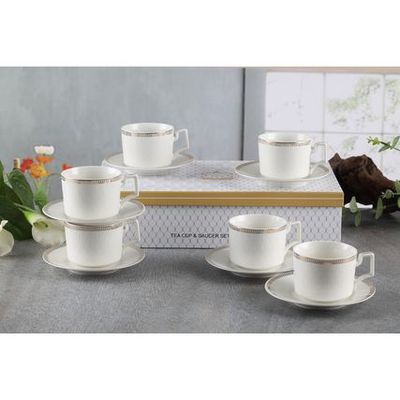 Shallow New Bone China Lara Tea Cup & Saucer Set, 220ml (White, 6 Cups, 6 Saucer) 