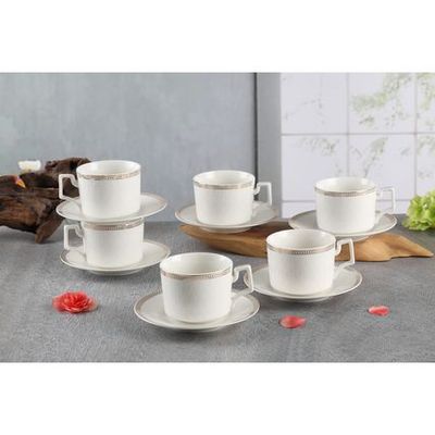 Shallow New Bone China Lara Tea Cup & Saucer Set, 220ml (White, 6 Cups, 6 Saucer) 