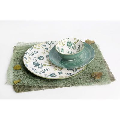 Shallow Porcelain Noah Dinner Set, 12 Pieces, Green, (4 Dinner Plates 10.5 inch, 4 Side Plates 7.5 inch, 4 Small Bowl 4.45 inch)
