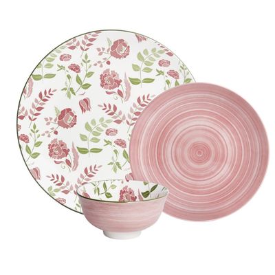 Shallow Porcelain Arlo Dinner Set, 12 Pieces, Pink, (4 Dinner Plates 10.5 inch, 4 Side Plates 7.5 inch, 4 Small Bowl 4.45 inch)