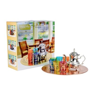 Cuisine Art Moroccan Teaset with Copper Tray Brass, Iron 6 Glasses - Multicolor