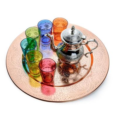 Cuisine Art Moroccan Teaset with Copper Tray Brass, Iron 6 Glasses - Multicolor