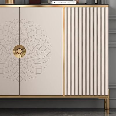 Shoe Rack Cabinet, Modern Sideboard Cabinet, Multi-purpose Use Shoe Rack or Home Organizer Wooden Cabinet with Floral Design, Gold Handles, 4 Doors, Black Slate Top.