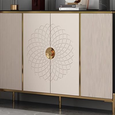 Shoe Rack Cabinet, Modern Sideboard Cabinet, Multi-purpose Use Shoe Rack or Home Organizer Wooden Cabinet with Floral Design, Gold Handles, 4 Doors, Black Slate Top.