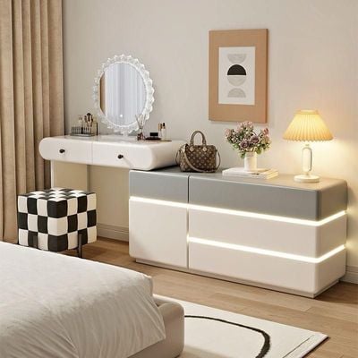 Modern Dressing Table Set, Spacious Storage Vanity Table with Stool and Mirror