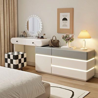 Modern Dressing Table Set, Spacious Storage Vanity Table with Stool and Mirror