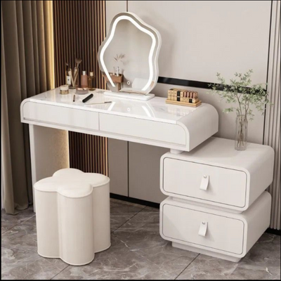 Modern Dressing Table Set with Cloud Mirror and Chair - White