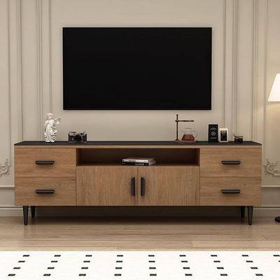AWD Wooden TV Stand Entertainment Center Unit, 200cm Wide TV Console Cabinet, Brown Wood with Black Top, 4 Drawers Open Shelf Compartment