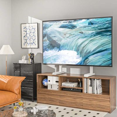 Upgraded Universal Table Top TV Stand Steel TV Legs for 55 to 90 Inch Flat or Curved Screen TVs, Height Adjustable TV Stand Base, Center TV Stand Hold Up to 150lbs, Max VESA 800 x 400mm, White