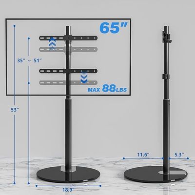 Swivel Floor TV Stand with 90 Degree Swivel for 32-65 inch LCD LED TV, Modern Simple Design Black Corner TV Floor Stand with Round Glass Base, VESA 400x400 mm, Black