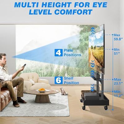 Heavy Duty Rolling TV Stand with Wheels for Most 40-86 Inch TVs up to 150lbs, Height Adjustable Mobile TV Stand with Shelf, Floor TV Stand for Living Room, TV Cart Max VESA 600x400mm, Black