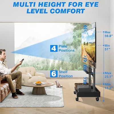 Heavy Duty Rolling TV Stand with Wheels for Most 40-86 Inch TVs up to 150lbs, Height Adjustable Mobile TV Stand with Shelf, Floor TV Stand for Living Room, TV Cart Max VESA 600x400mm, Black