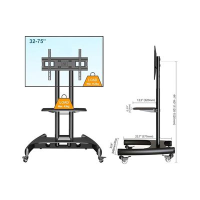 Mobile TV Cart TV Stand with Wheels for 32" - 75" Inch LCD LED OLED Plasma Flat Panel Screens up to 45.5kgs / 100lbs, VESA 600x400mm, Height Adjustment, Black | AVA1500-60-1P
