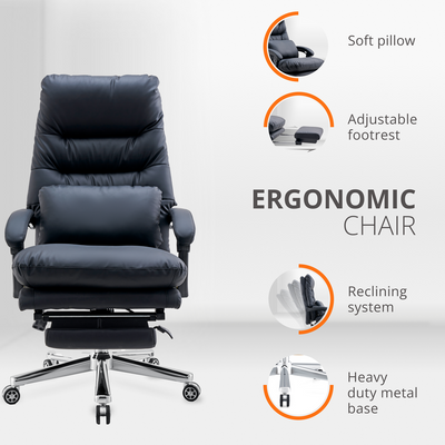 Skyland Ergonomic Office Chair with Footrest, Reclining Executive Desk Chair, High Back Computer Chair with Lumbar Support and Aluminum Swivel Base, PU Leather (Black)