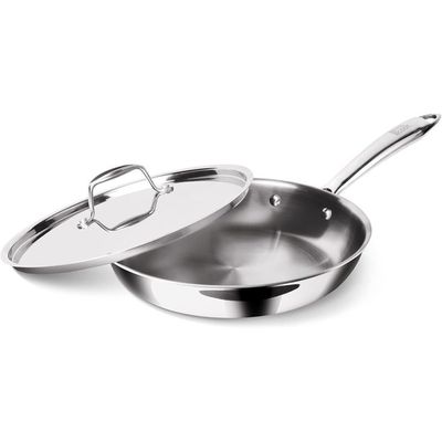 Milton Pro Cook 24 Cm Frying Pan, Triply Stainless Steel With Lid, 1.7 Litre, Skillet For Curry, Stir-Fry, Omelette Pans, Sautã© Induction & Gas Friendly Steel Pan