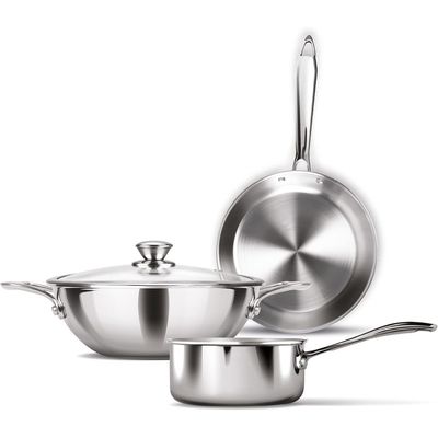 Milton Pro Cook Procook Triply Induction Base Cookware Set Of 3 Stainless Steel |Sauce Pan 14 Cm, Fry Pan 24 Cm, Kadhai 24 Cm With Glass Lid 24 Cm, Silver | Dishwasher Safe | Food Safe | Flame Safe