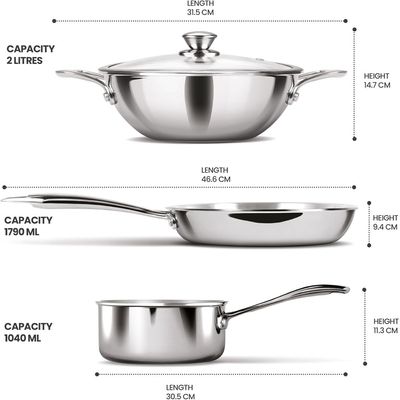 Milton Pro Cook Procook Triply Induction Base Cookware Set Of 3 Stainless Steel |Sauce Pan 14 Cm, Fry Pan 24 Cm, Kadhai 24 Cm With Glass Lid 24 Cm, Silver | Dishwasher Safe | Food Safe | Flame Safe